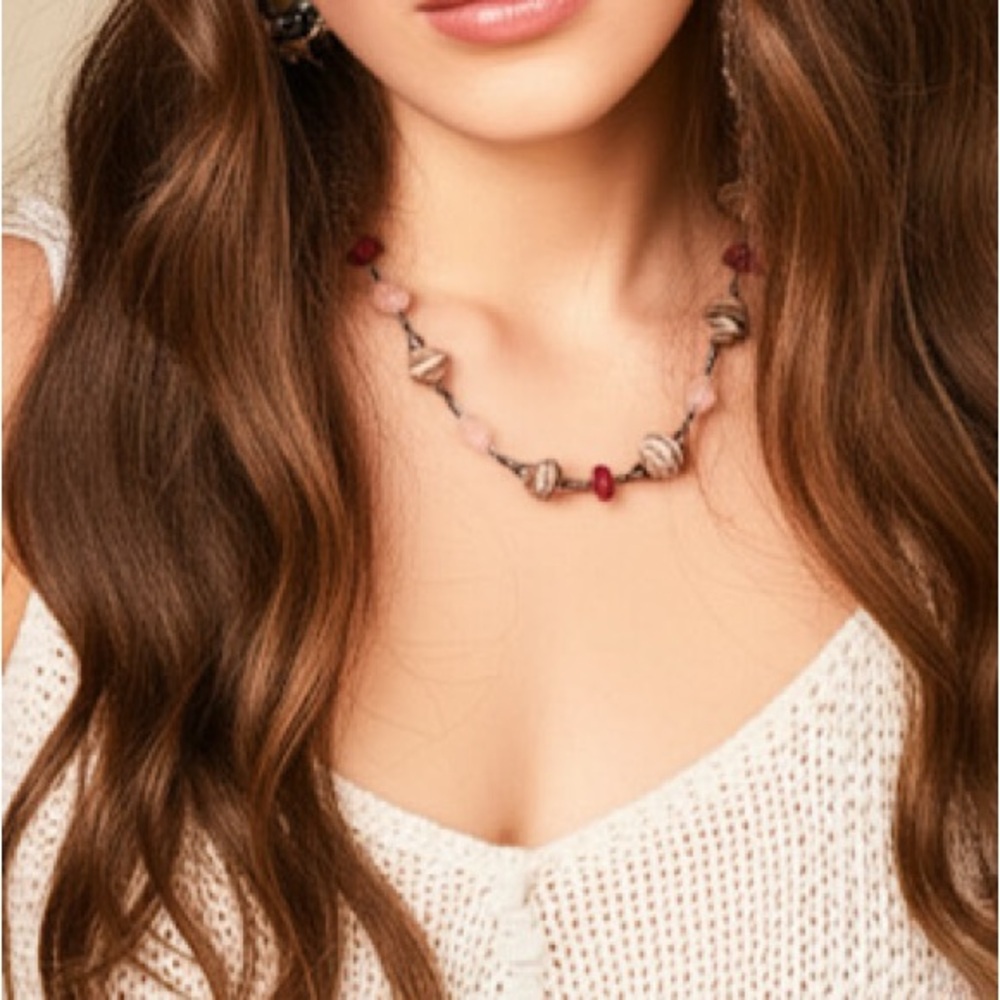 Vintage‎ Bohemian Paper Glass Bead Earth Tone Artisan Unique Statement Necklace